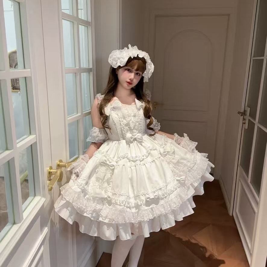 Victorian Women'S Formal Wear - Tatlı Lolita Elbise Krem Beyaz Fırfırlı