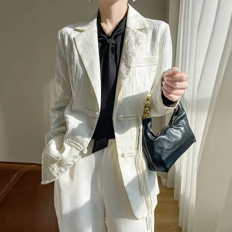 Women'S Formal Wear Suit - Kadın Beyaz Dokulu Blazer Ceket Çentikli
