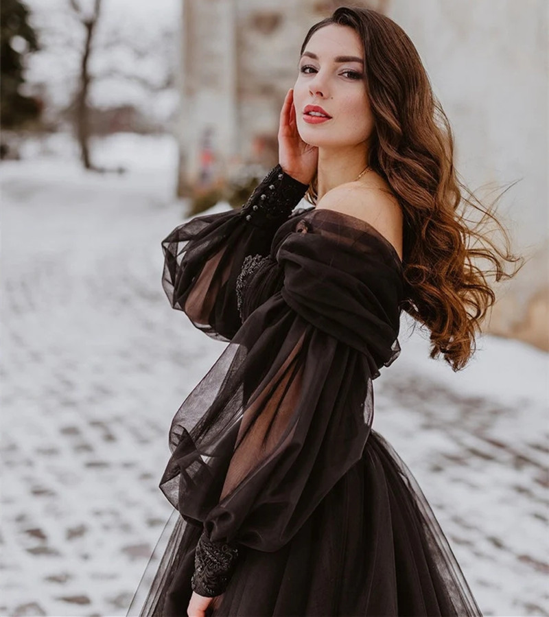 Women'S Gothic Formal Wear - Özelleştirilmiş Gotik Siyah Gelinlik Çıkarılabilir Uzun