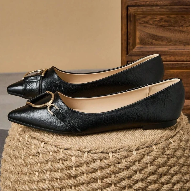 Women Formal Wear Shoes - Zarif Kadın Siyah Sivri Burunlu, Altın